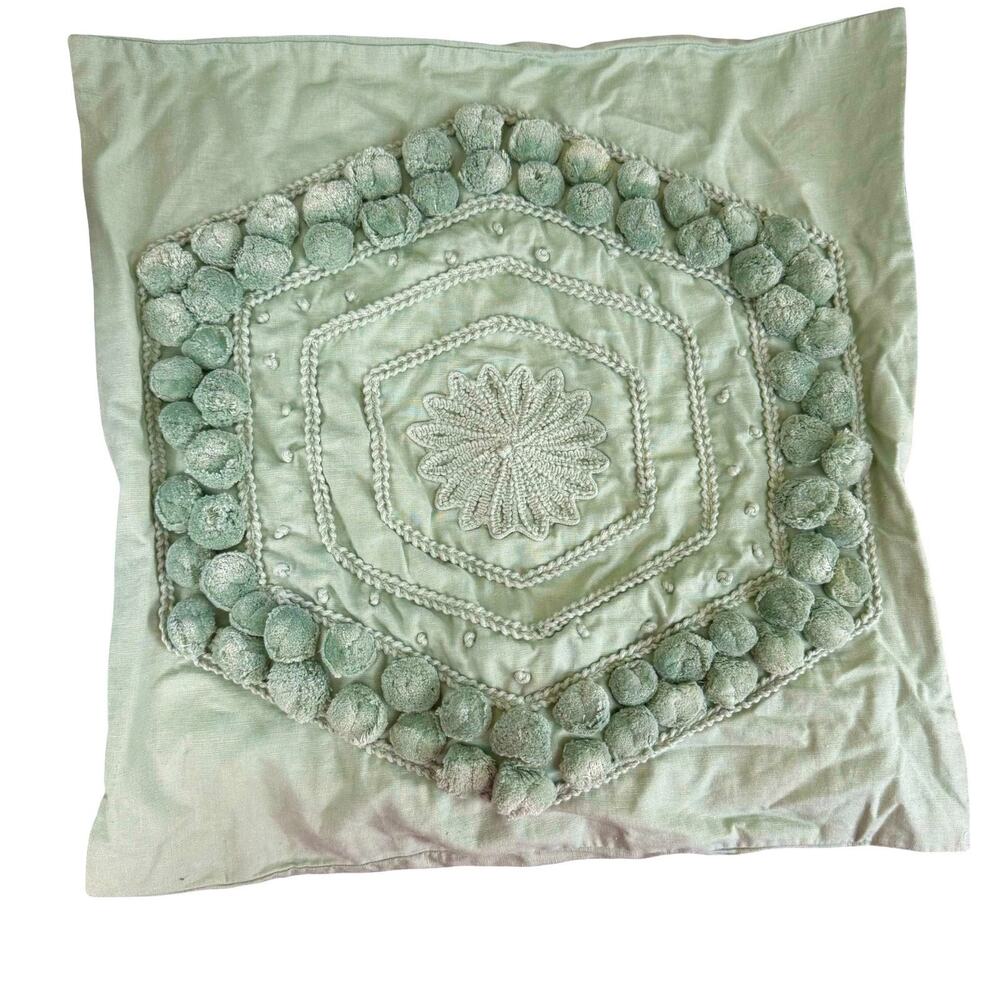 Pottery Barn Green Pom Pom Square Accent Throw Pillow Cover Sham Boho 20"x20"